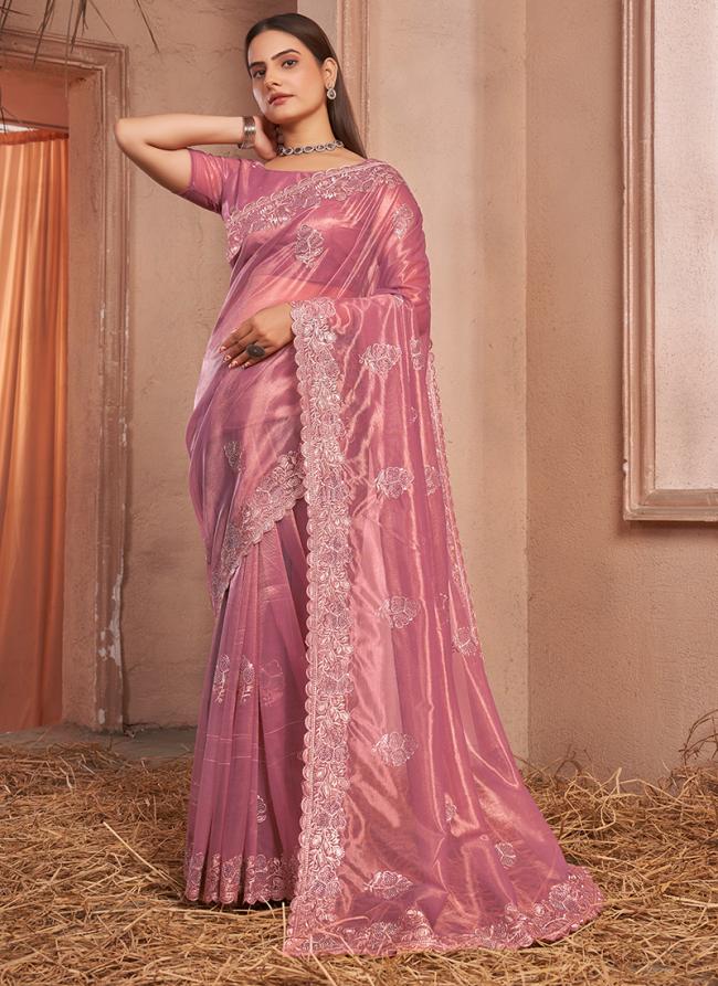 Shimmer Silver Net Pink Party Wear Swarovski Work Saree